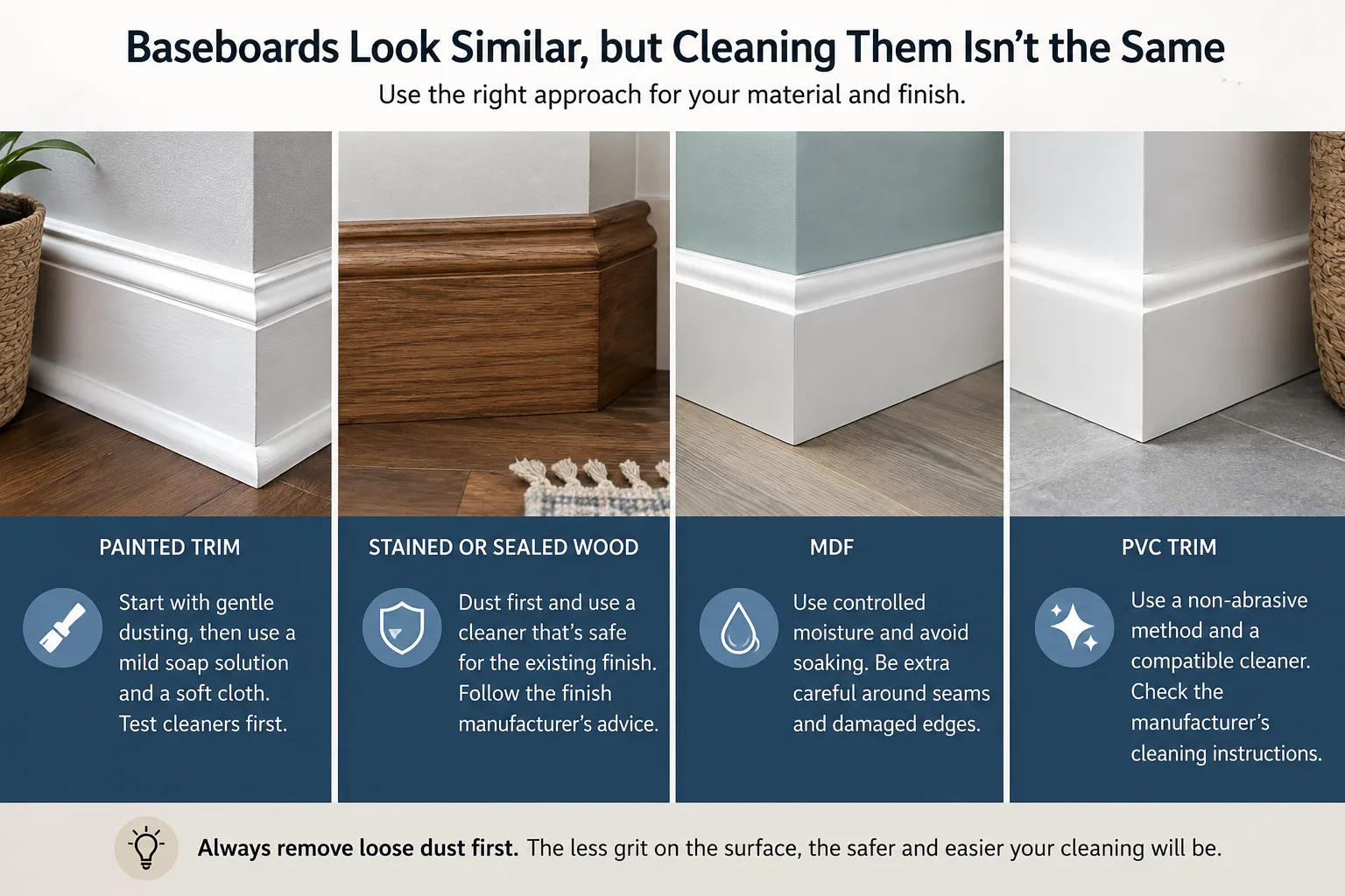 Cleaning approaches for painted, wood, MDF, and PVC baseboards
