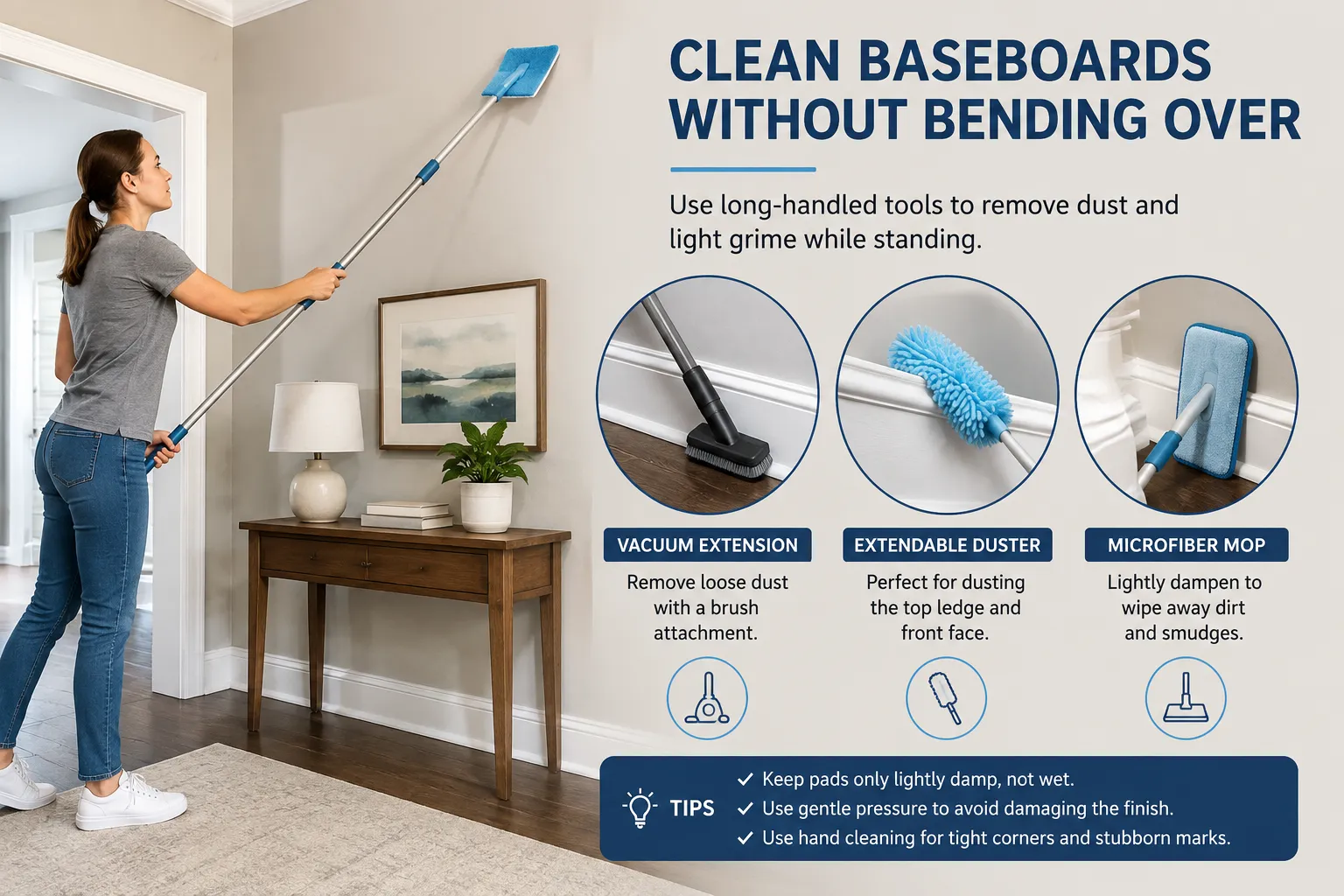 Ways to clean baseboards without bending over using long-handled tools