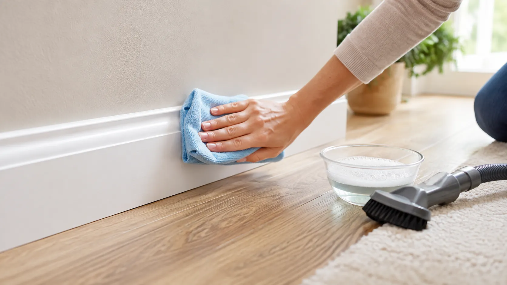 A person wiping a white baseboard with a microfiber cloth