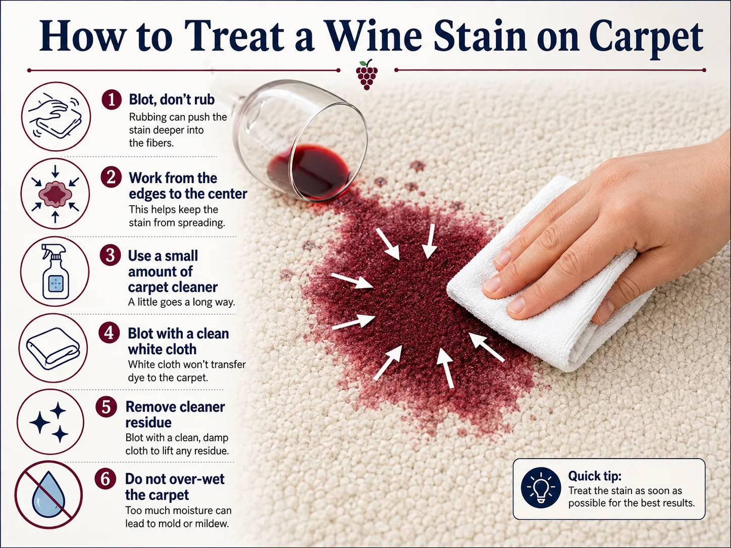 Six-step guide for treating a wine stain on carpet without spreading or over-wetting it
