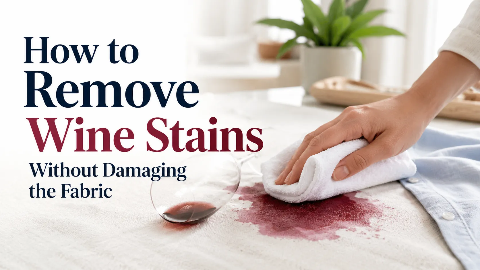 A person blotting a red wine stain from fabric with the article title How to Remove Wine Stains Without Damaging the Fabric